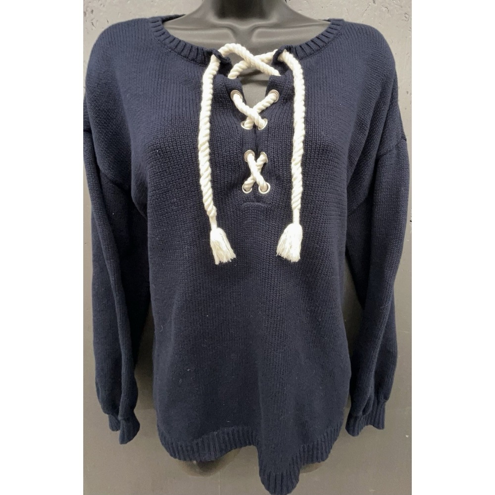 Talbots Sweater XL Blue Cotton Blend Rope Tassle Nautical Sail Coastal Preppy